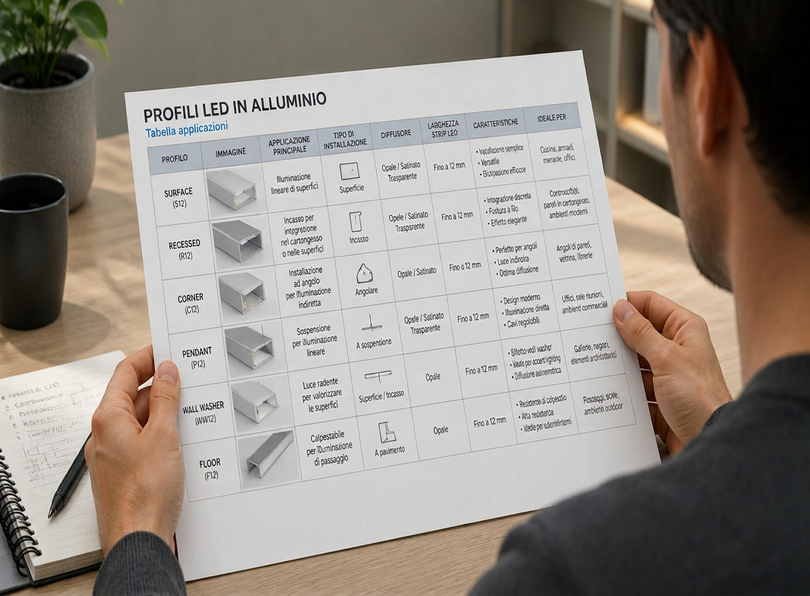 Profili led alluminzio tabella applicazioni