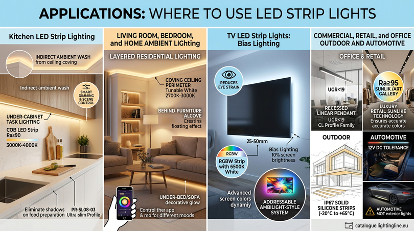 Led strip lights from kitchens to commercial spaces - Applications where to use LED strip lights