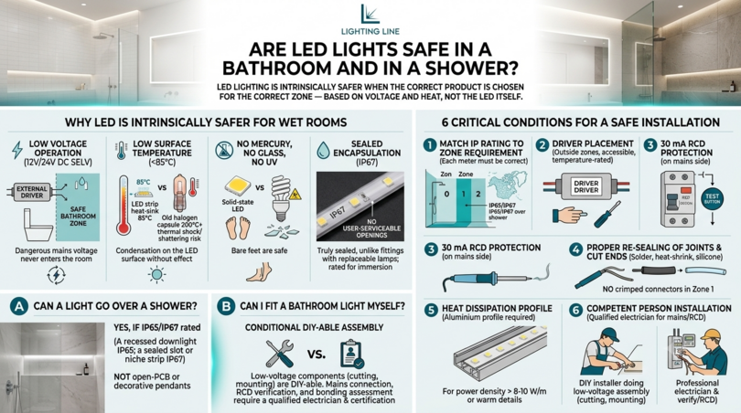 Bathroom lighting design, IP zones and LED strips - light safe
