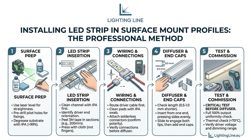 Surface mount LED profile guide - professional installation -