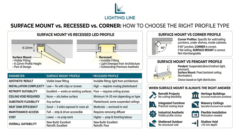 Surface mount LED profile guide - recessed vs corner