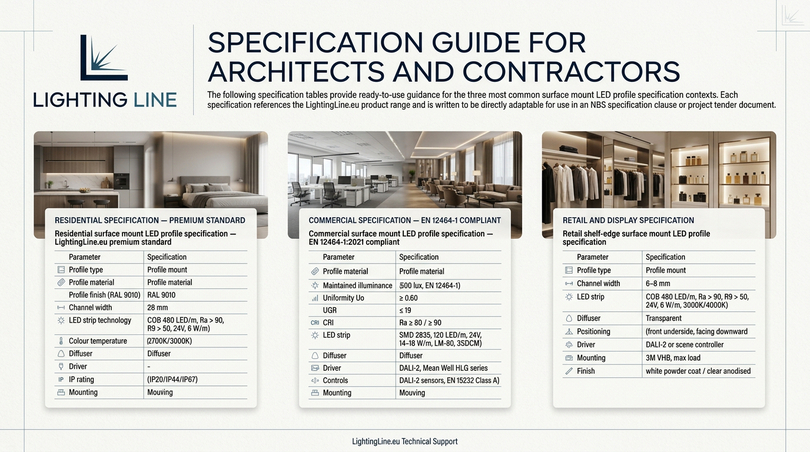 Surface mount LED profile guide - specification guide for contractors