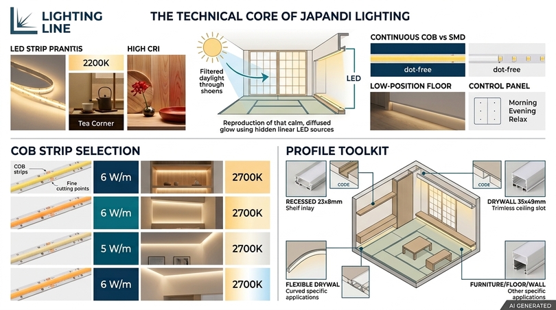 Japanese interior decor the Japandi lighting style - Diffusers, end caps, brackets and connectors